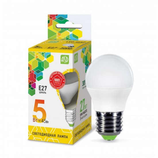 Лампа светодиодная LED-Р45-ШАР 5.0Вт 230В Е27 3000К 450Лм ASD - 1