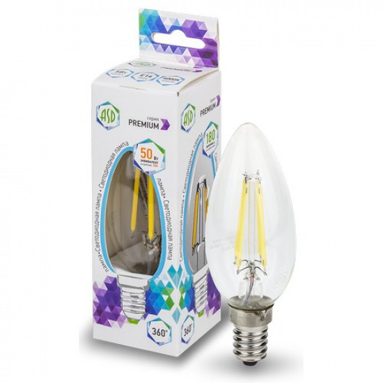 Лампа светодиодная LED-СВЕЧА-PREMIUM 5.0Вт 160-260В Е14 4000К 450Лм прозрачная ASD - 1