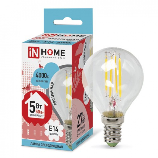Лампа светодиодная LED-ШАР-deco 5Вт 230В Е14 4000К 450Лм прозрачная IN HOME - 1