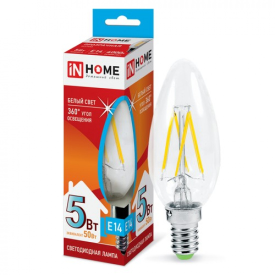 Лампа светодиодная LED-СВЕЧА-deco 5Вт 230В Е14 4000К 450Лм прозрачная IN HOME - 1