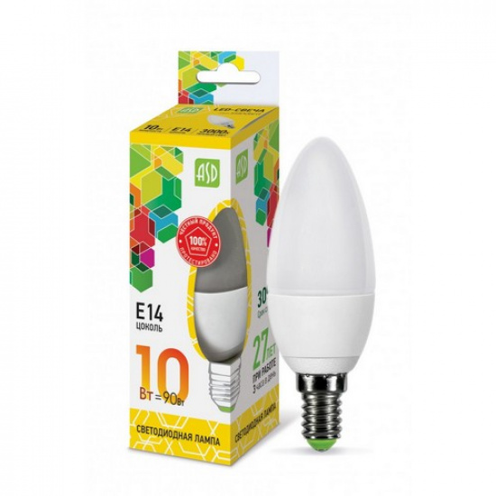 Лампа светодиодная LED-СВЕЧА-standard 10Вт 230В Е14 3000К 900Лм ASD - 1