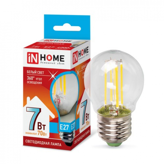 Лампа светодиодная LED-ШАР-deco 7Вт 230В Е27 4000К 810Лм прозрачная IN HOME - 1