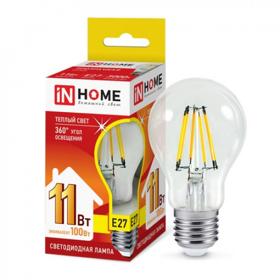 Лампа светодиодная LED-A60-deco 11Вт 230В Е27 3000К 1160Лм прозрачная IN HOME - 1
