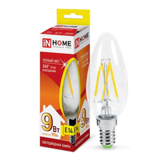 Лампа светодиодная LED-СВЕЧА-deco 9Вт 230В 230В Е14 3000К 1040Лм прозрачная IN HOME - 1