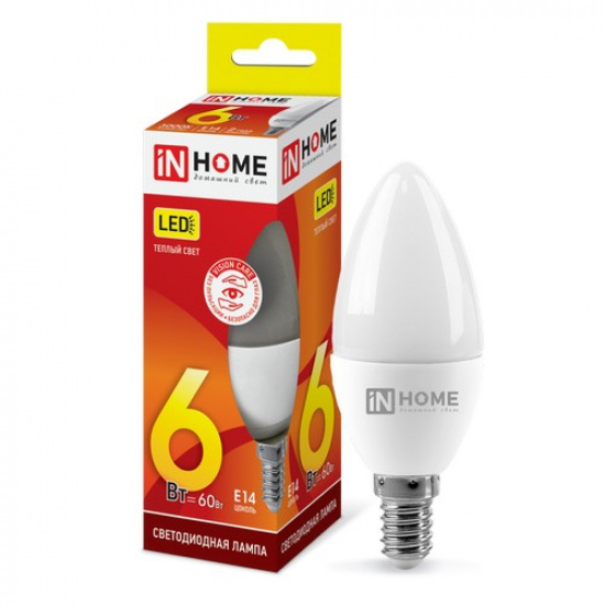 Лампа светодиодная LED-СВЕЧА-VC 6Вт 230В Е14 3000К 570Лм IN HOME - 1