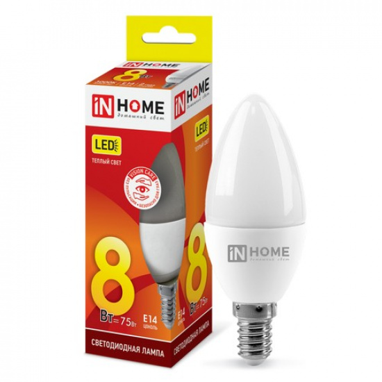 Лампа светодиодная LED-СВЕЧА-VC 8Вт 230В Е14 3000К 760Лм IN HOME - 1