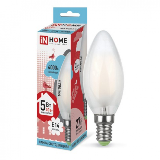 Лампа светодиодная LED-СВЕЧА-deco 5Вт 230В Е14 4000К 450Лм матовая IN HOME - 1