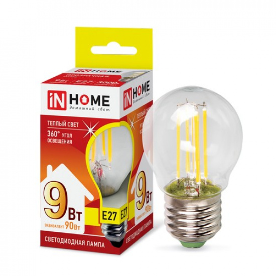 Лампа светодиодная LED-ШАР-deco 9Вт 230В 230В Е27 3000К 1040Лм прозрачная IN HOME - 1