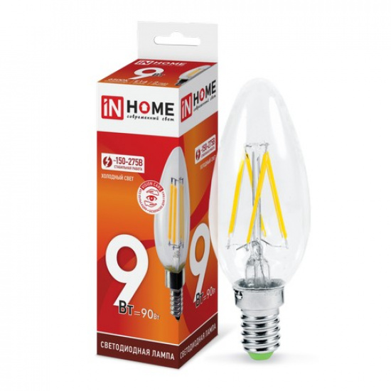 Лампа светодиодная LED-СВЕЧА-deco 9Вт 230В Е14 6500К 1040Лм прозрачная IN HOME - 1