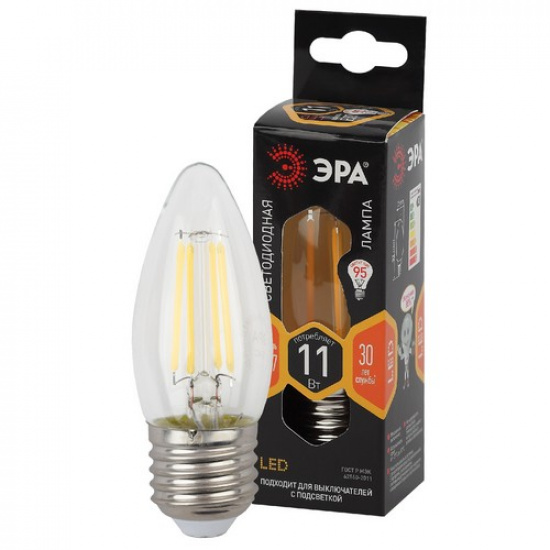 Лампочка светодиодная ЭРА F-LED B35-11W-827-E27 Е27 / Е27 11Вт филамент свеча теплый белый свет - 1